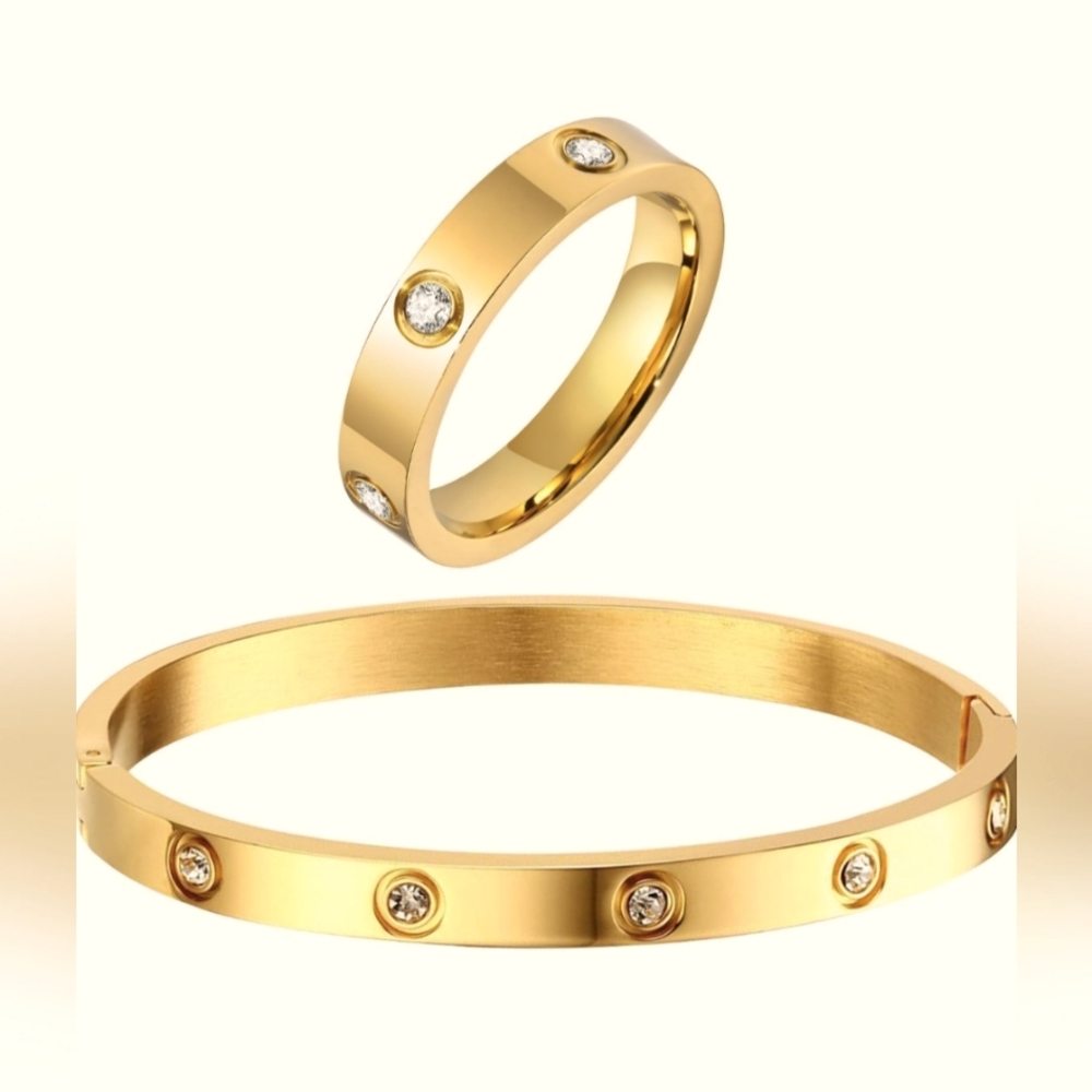 18K Gold Plated w/Cubic Zirconia Bracelet  and Ring (Size 6) Set
